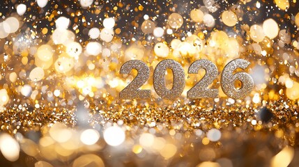 Sparkling Golden Year 2026 Celebration Background with Bokeh Lights, Generative AI.