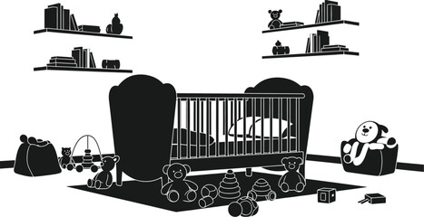 Baby crib with toys and books, nursery interior, childhood memories