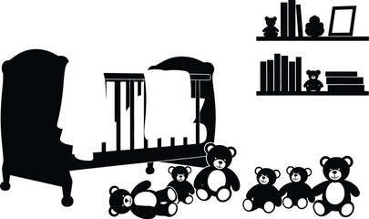 Baby crib with teddy bears, books, and shelves for nursery decoration