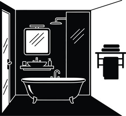 Minimalist bathroom interior with bathtub, mirror, and towel rack