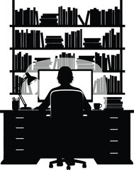 Silhouette of person working at desk with computer and bookshelf