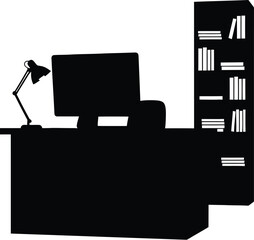 Minimalist desk with computer, lamp, and bookshelf for study