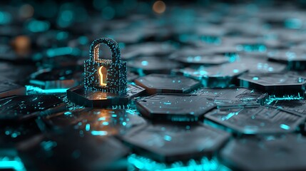Digital Padlock Security on Hexagonal Circuitry with Turquoise Lights and Bokeh