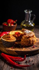 Close-up shot of baked goods on a wooden board. A muffin and a sliced bread are visible, surrounded by chili peppers and oil