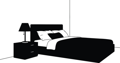 Bed with Pillows and Nightstand Lamp for Relaxation, Sleep, and Comfort