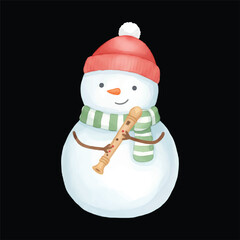 Cute Snowman Recorder Player Watercolor Illustration Vector Isolated
