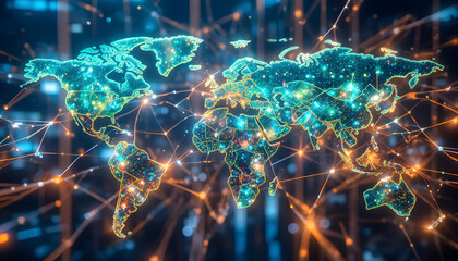 Stunning digital world map glowing with interconnected vibrant data streams symbolizing global finance and futuristic technology