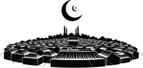 Black and White Mecca Pilgrimage with Tents and Crescent Moon Symbol