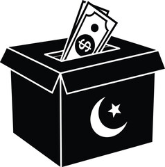 Zakat box with dollar bills, Islamic finance and charity concept