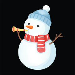 Cute snowman playing kazoo vector watercolor illustration, isolated winter cartoon character
