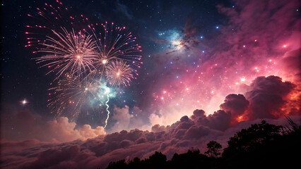 New Year cosmic burst — nebula-style clouds, radiant star particles, vibrant color explosion, surreal festive mood