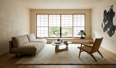 modern living room, interior japandi design minimalis. AI