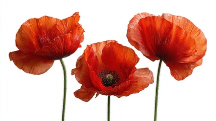 Obraz premium Three vibrant red poppy flowers with delicate petals on white.