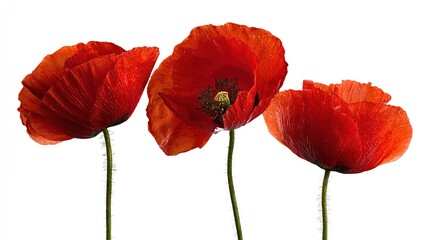 Obraz premium Three red poppy flowers with dew drops isolated white.