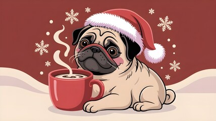 Adorable pug in Santa hat happily enjoying steaming hot chocolate during a cozy winter snowfall