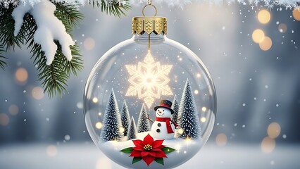 Christmas Snow Globe Ornament with Snowman, Snowflakes and Winter Trees