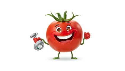 A cheerful anthropomorphic tomato with a bright smiling face and expressive eyes, designed in a cute character style ideal for healthy food campaigns, kid-friendly graphics, and fun illustrations