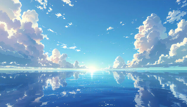 アニメーション風の静かな海の水平線。アニメ映画の水平線。A calm ocean horizon in an animated style. Animated movie horizon.