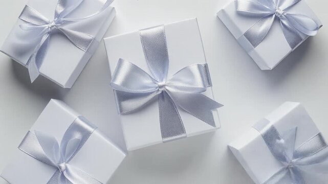A collection of five white gift boxes tied with silver ribbons, arranged on a white surface.