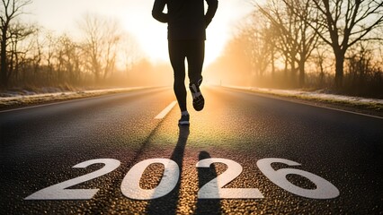 A person running on an empty road with the year "2026" painted on the ground, symbolizing the journey toward a new year, progress, and determination