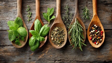 Fresh herbs and spices in wooden spoons on rustic table