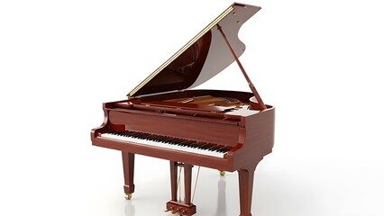 Elegant mahogany grand piano with open lid on a clean white background