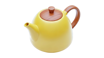 Yellow Teapot with Wooden Lid and Handle on White