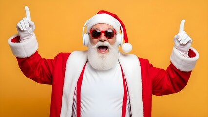 A cheerful Santa Claus wearing headphones and sunglasses, happily dancing and celebrating against a vibrant yellow background