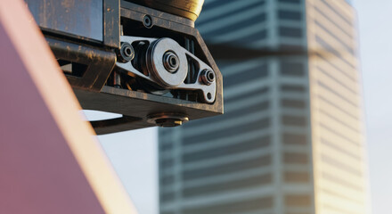 Intricate industrial mechanism, showcasing robust engineering and precision craftsmanship, set against the backdrop of an urban landscape.