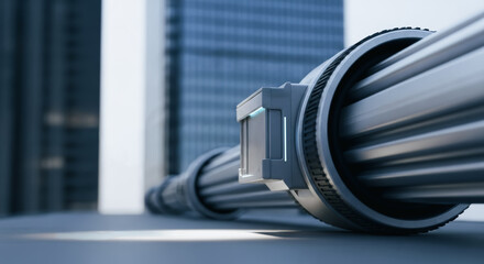 A sleek metallic conduit, a vital element of modern urban infrastructure. Emphasizing its robust design and the precision of its components against the backdrop of a contemporary cityscape.