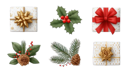 A collection of beautifully wrapped gifts featuring festive bows, holly, and pine decorations, evoking a cheerful holiday spirit.