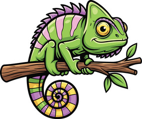 Cute Cartoon Chameleon on Branch Mascot Vector