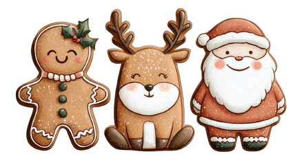 Fototapeta premium A cheerful trio of festive cookies: a gingerbread man, a reindeer, and a Santa Claus, each decorated with delightful icing details.
