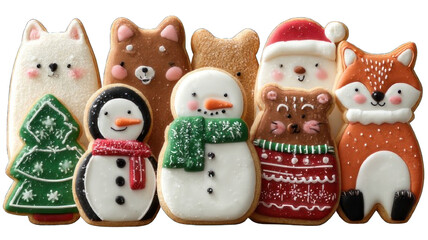 Festively decorated cookies in various shapes, including animals, a snowman, and a Christmas tree, showcasing colorful icing details.