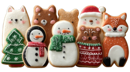 Festively decorated cookies in various shapes, including animals, a snowman, and a Christmas tree, showcasing colorful icing details.