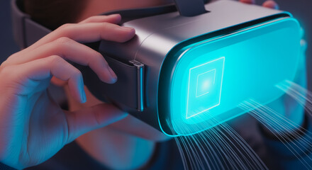 A person is immersed in the futuristic world of virtual reality, hands delicately holding a sleek headset with a holographic display. 