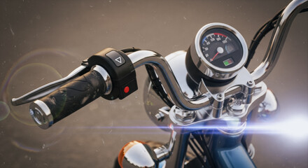 Close-up shot of a classic motorcycle's handlebars and controls, with a focus on its stylish design and features.