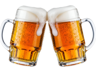 Two frosty beer mugs clinking in a toast, filled with golden amber lager and overflowing white foam, featuring refreshing condensation, isolated on transparent background.