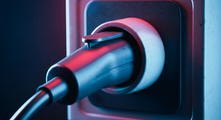An electric vehicle charging, capturing a close-up of the charging port and plug, showcasing the technology and sustainability of electric vehicles.