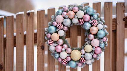 Pastel Christmas wreath with frosted greenery and ornaments hangs on a wooden railing, snowy winter background, creating a serene and festive holiday scene.