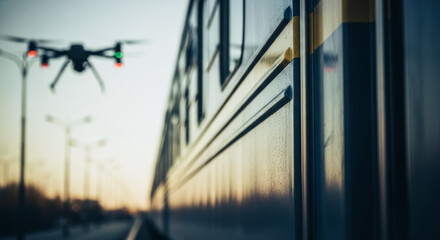 A cutting-edge drone hovers in mid-air, its advanced technology captured against the backdrop of an urban setting. Showcasing modern aerial surveillance and transportation.