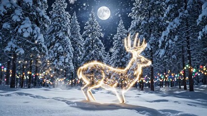 golden festive deer bounding past illuminated pine avenue under bright moon, colorful string lights lining tree canopy, lively footprints in fresh snow, joyous holiday procession vibe, sparkling bokeh