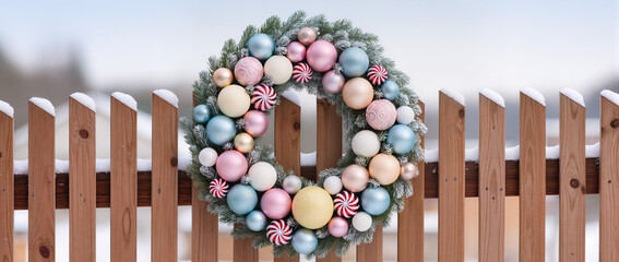 Pastel Christmas wreath with frosted greenery and ornaments hangs on a wooden railing, snowy winter background, creating a serene and festive holiday scene.