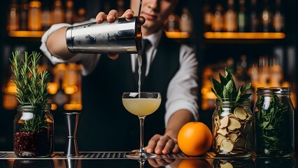 A bartender wearing a black vest is shaking and pouring a cocktail into a martini glass at a bar, with orange slices and herbs placed on the counter.
