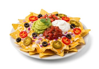 Delicious loaded nachos with guacamole salsa and sour cream appetizer isolated on white background