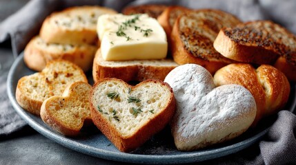 Freshly Baked Bread Display with Heart-Shaped Loaves and Butter on a Rustic Plate