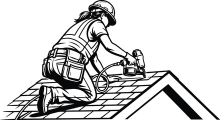 Obraz premium Construction Woman Roof Installer Vector Silhouette