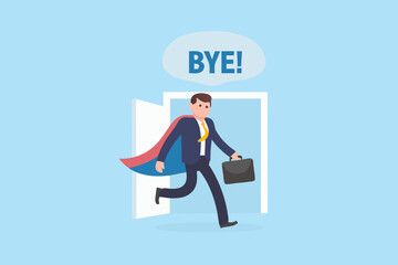 Superhero businessman leaving through door saying bye with cape