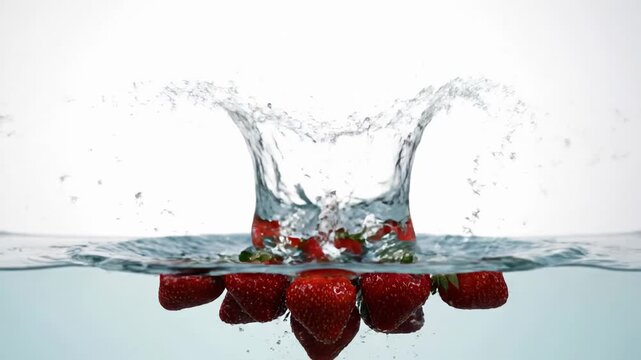 Strawberry Splash: Capturing the vibrant splash as ripe strawberries plunge into a refreshing pool of water. A refreshing display of natural sweetness.
