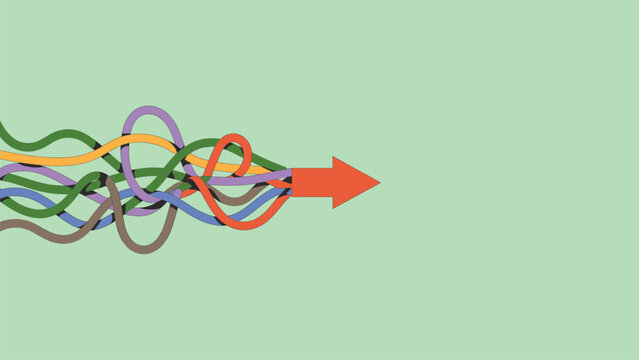 Colorful tangled lines turning into straight arrow showing problem solving concept
